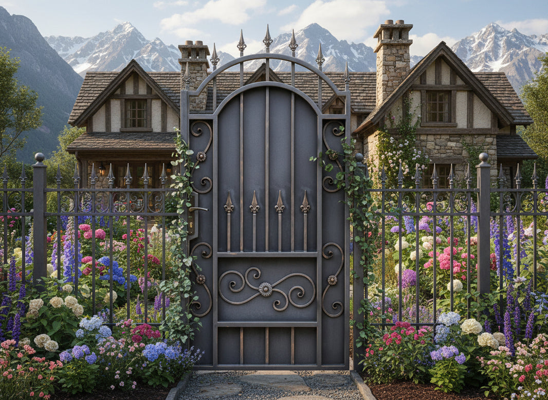Fleurcrest Passage – Arched wrought iron man door with fleur-de-lis finials, spear points, and ornamental scroll panel Model # MG713