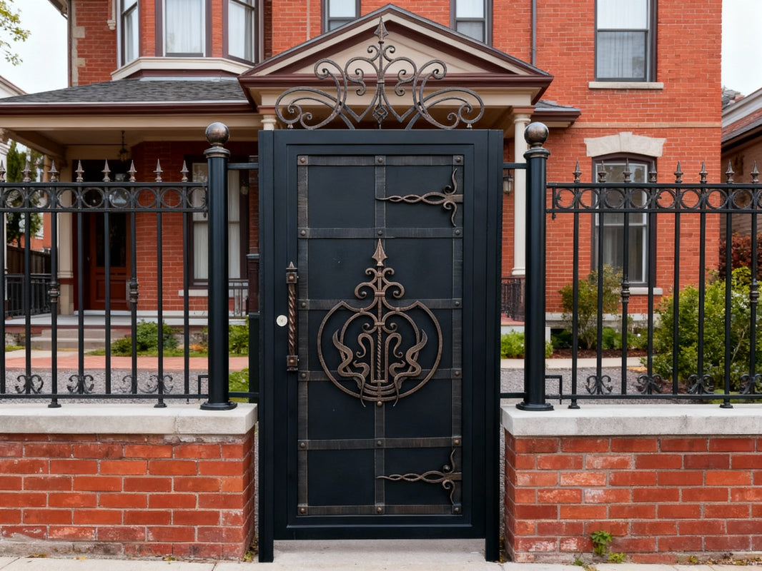 Emblemveil Passage – Ornamental wrought iron man door with bronze crestwork, scroll accents, and regal arch silhouette Model # MG714