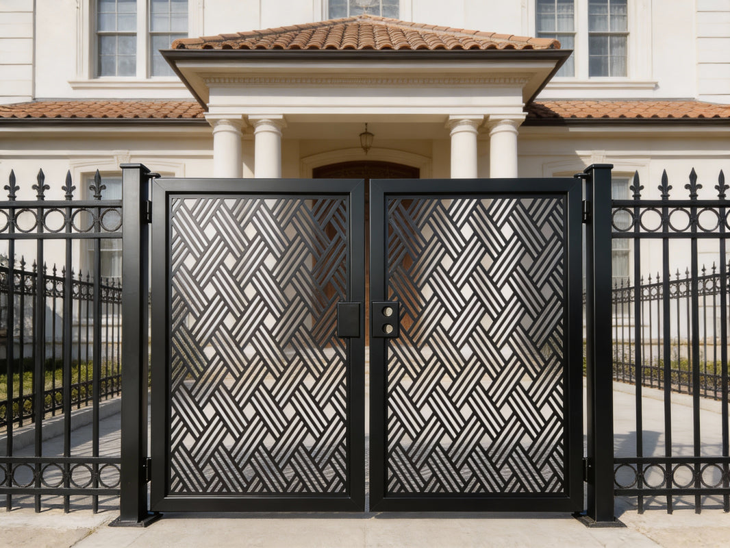 Herringveil Passage – Ornamental metal man door with diagonal herringbone lattice and central lock plate Model # MG721