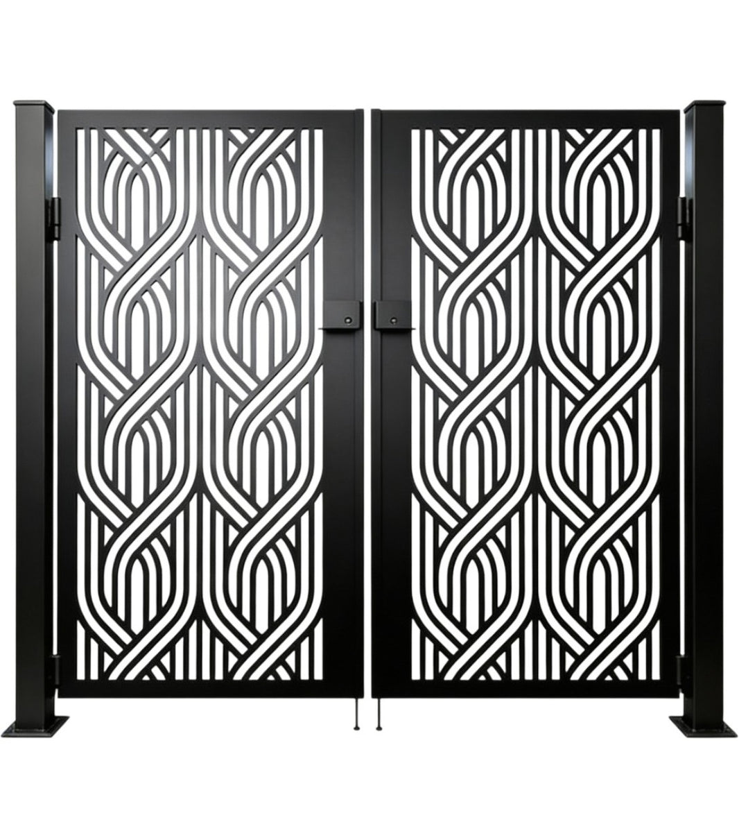 Curvex Passage – Ornamental metal man door with interwoven arc lattice and symmetrical wave geometry Model # MG724