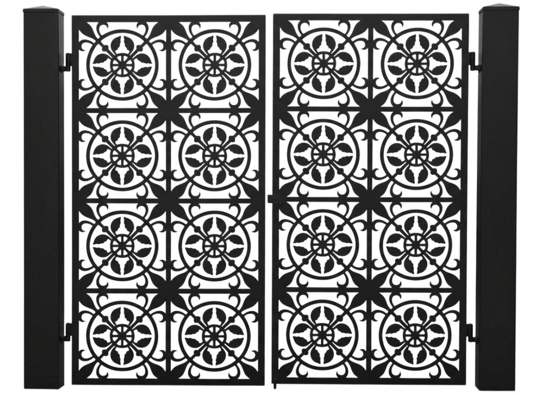 Rosetteveil Passage – Ornamental wrought iron man door with circular rosette lattice and leaf flourish detailing Model # MG727