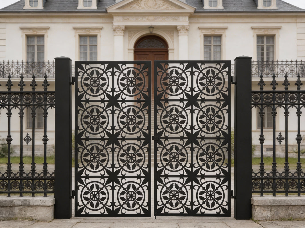 Rosetteveil Passage – Ornamental wrought iron man door with circular rosette lattice and leaf flourish detailing Model # MG727