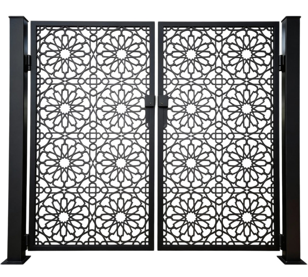 Sunburstveil Passage – Ornamental metal man door with radial floral medallions and angular lattice interconnects Model # MG731