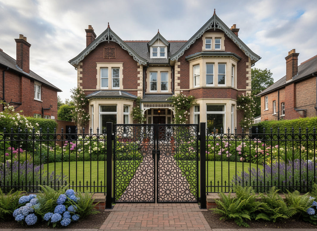Sunburstveil Passage – Ornamental metal man door with radial floral medallions and angular lattice interconnects Model # MG731