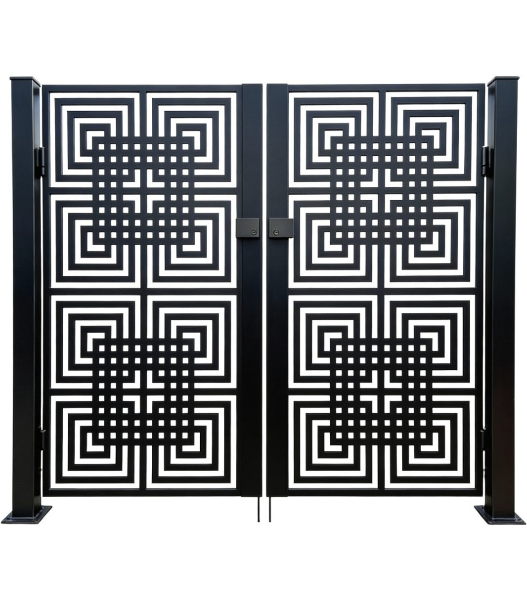 Gridspire Passage – Ornamental metal man door with concentric square lattice and optical illusion centerpiece Model # MG734
