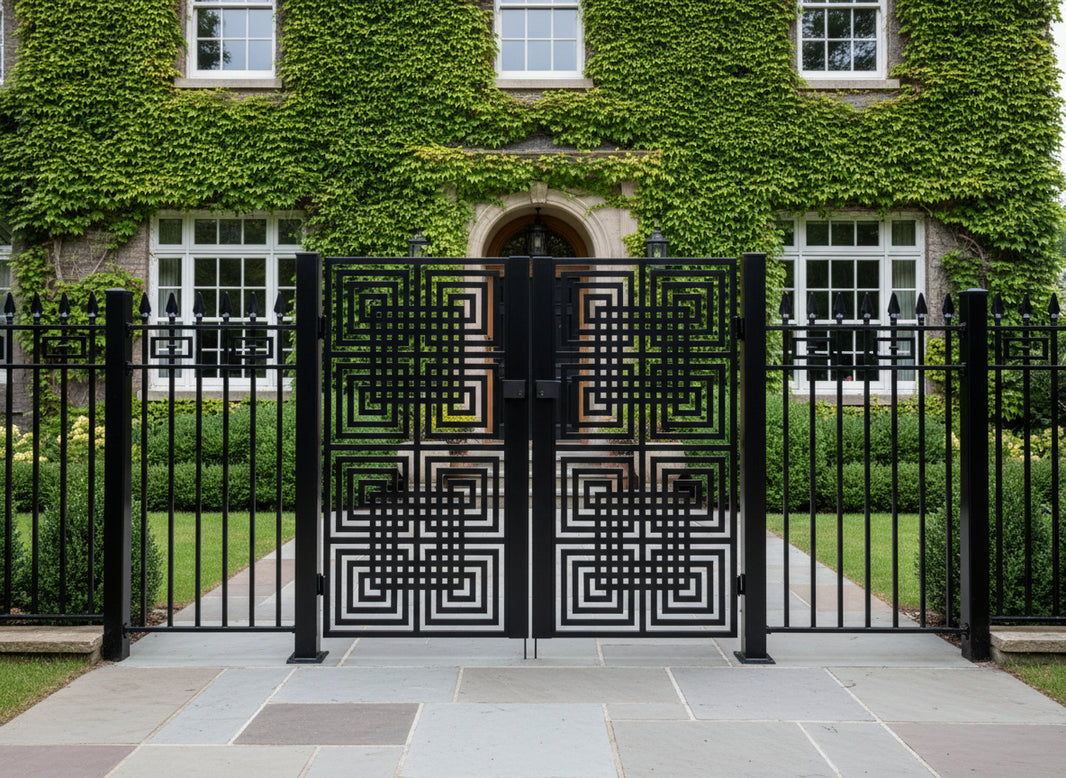 Gridspire Passage – Ornamental metal man door with concentric square lattice and optical illusion centerpiece Model # MG734