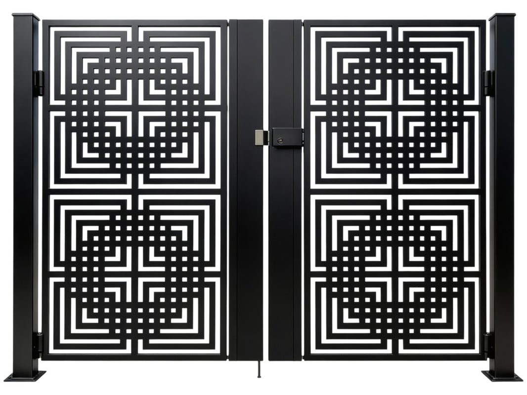Gridveil Passage – Ornamental metal man door with concentric square lattice and mirrored grid illusion Model # MG735