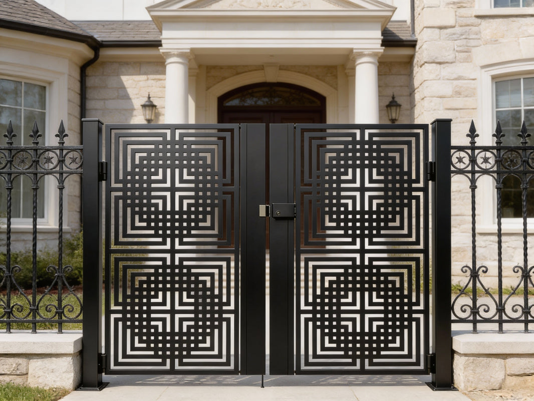 Gridveil Passage – Ornamental metal man door with concentric square lattice and mirrored grid illusion Model # MG735