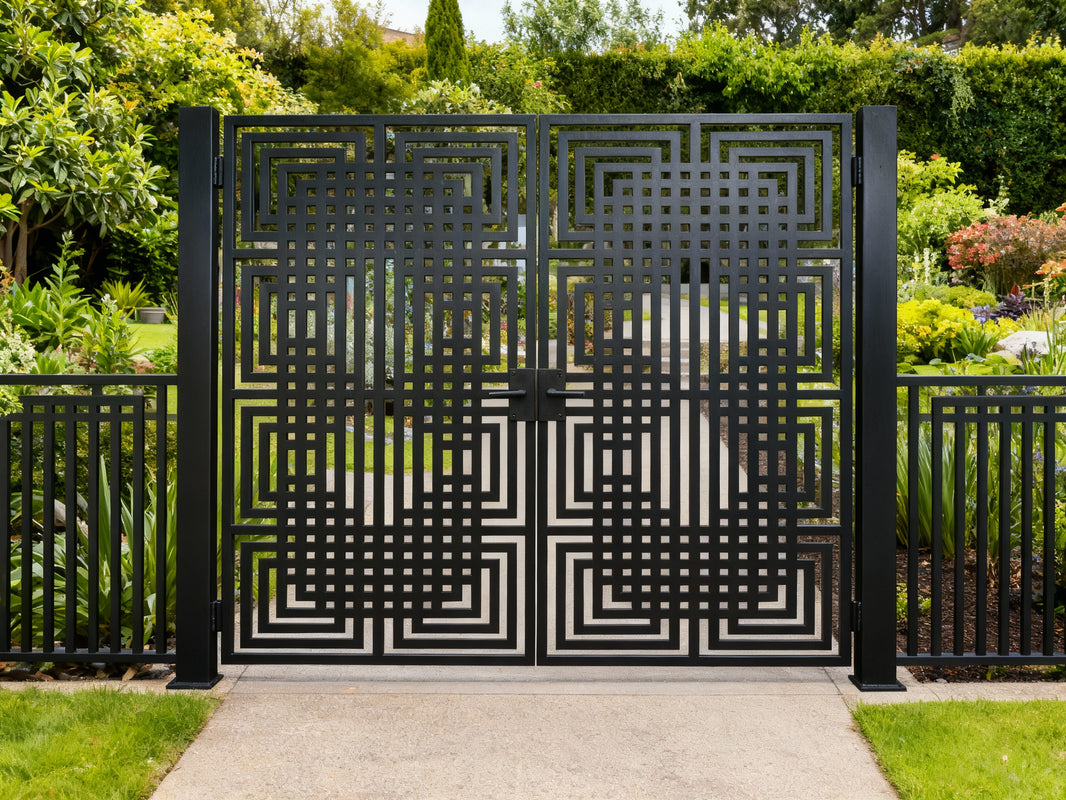Optisquare Passage – Geometric double-panel man door with concentric square illusion and symmetrical grid layout Model # MG736
