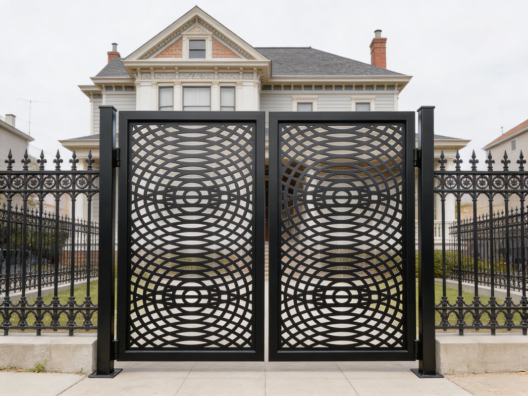 Orbitveil Passage – Ornamental metal man door with concentric circle lattice and intersecting grid geometry Model # MG743