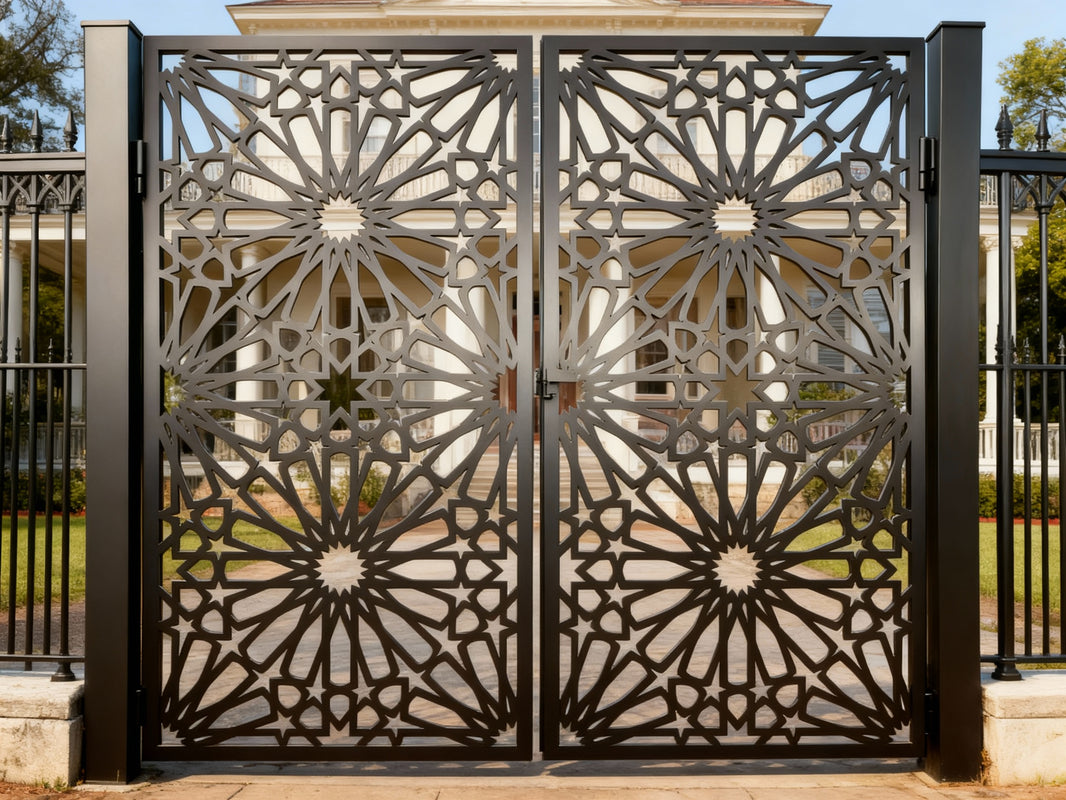 Starcrest Passage – Double-panel metal man door with Islamic-inspired radial starburst and interlocking polygon lattice Model # MG755