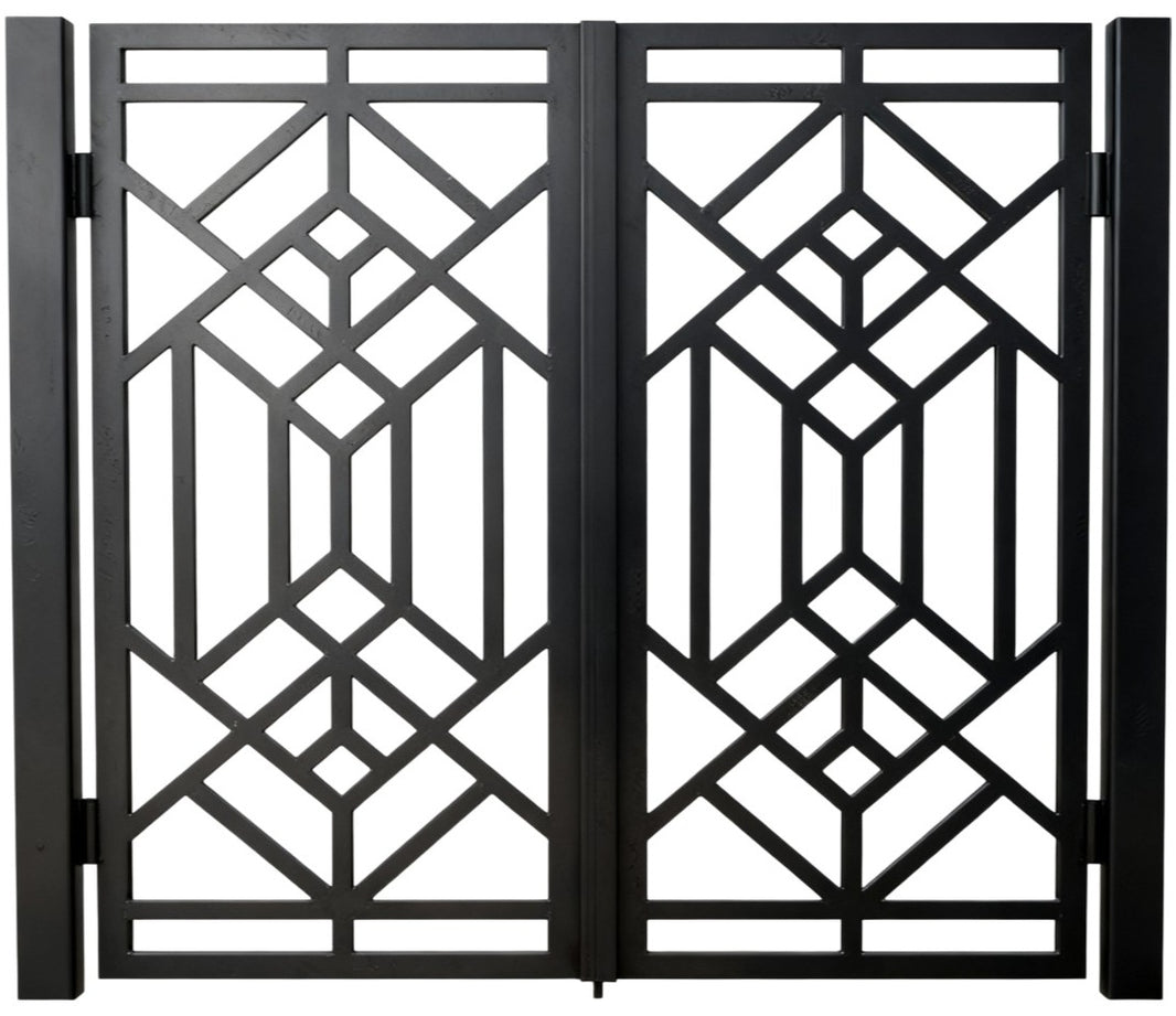 Triadveil Passage – Geometric double-panel man door with intersecting diamond and triangle lattice in symmetrical layout Model # MG764