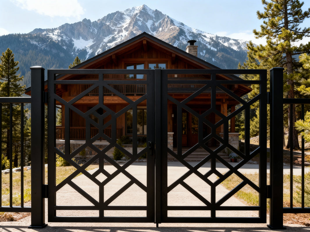 Triadveil Passage – Geometric double-panel man door with intersecting diamond and triangle lattice in symmetrical layout Model # MG764