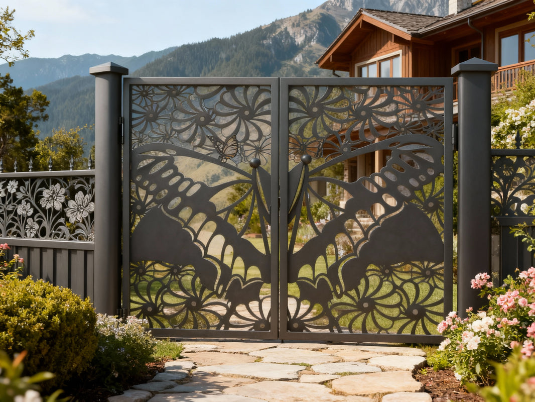 Buttergarden Passage – Artistic double-panel man door with full-wing butterfly silhouette and floral bloom accents Model # MG766