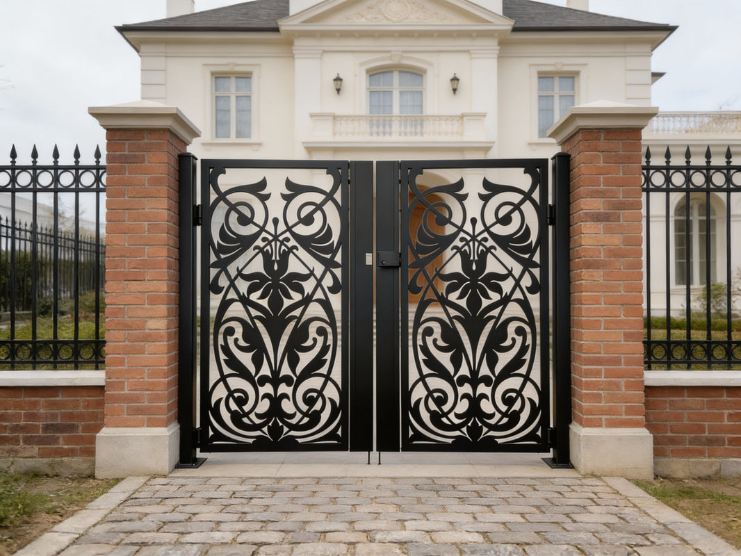 Floravine Passage – Ornamental wrought iron man door with scrollwork lattice and mirrored floral flourishes Model # MG767