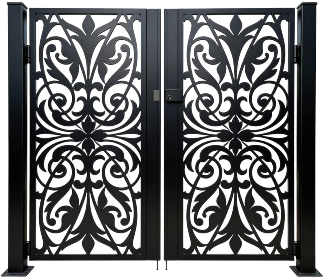 Scrollspire Passage – Ornamental wrought iron man door with mirrored floral scrollwork, arched crown, and triple bloom base Model # MG768