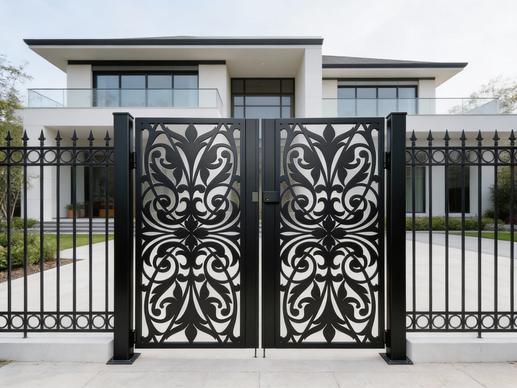 Scrollspire Passage – Ornamental wrought iron man door with mirrored floral scrollwork, arched crown, and triple bloom base Model # MG768