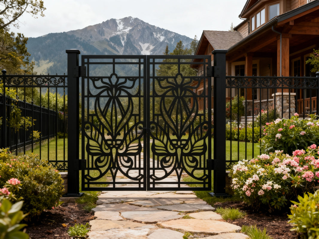 Butterbloom Passage – Ornamental double-panel man door with stylized butterfly base and floral scrollwork crown Model # MG775