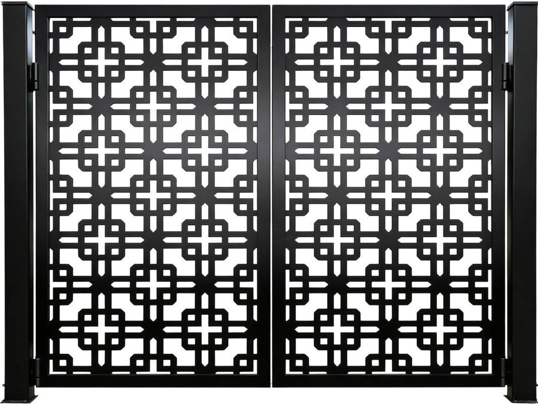 Crossveil Passage – Ornamental metal man door with interlocking square lattice, symmetrical twin-panel layout, and geometric crown Model # MG779