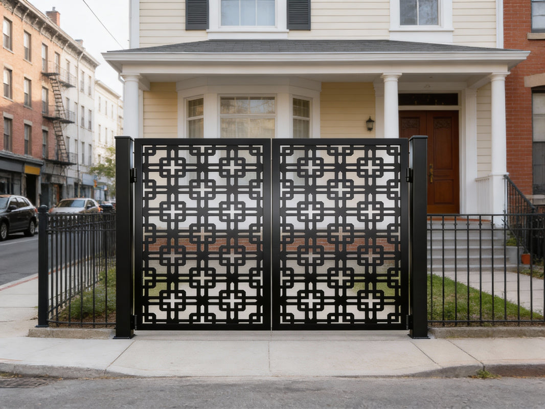 Crossveil Passage – Ornamental metal man door with interlocking square lattice, symmetrical twin-panel layout, and geometric crown Model # MG779