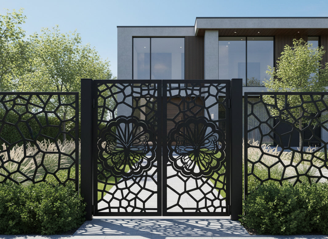 Buttermosaic Passage – Decorative double-panel man door with scalloped butterfly medallions and geometric mosaic framing Model # MG781