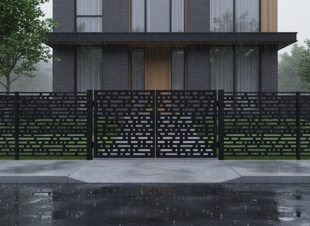 Slotveil Passage – Modern double-panel metal man door with horizontal slots and circular perforation grid Model # MG782