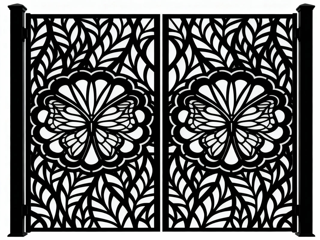 Floraflight Passage – Decorative double-panel metal man door with butterfly centerpiece and floral-leaf scrollwork Model # MG785