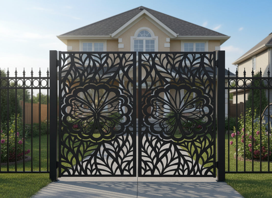 Floraflight Passage – Decorative double-panel metal man door with butterfly centerpiece and floral-leaf scrollwork Model # MG785