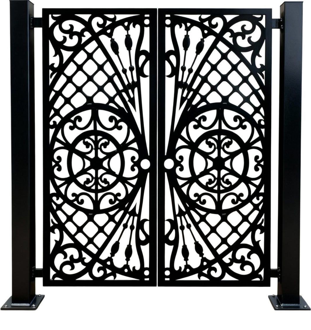 Spearveil Passage – Ornamental double-panel wrought iron man door with circular motifs, lattice scrollwork, and stylized spear accents Model # MG790
