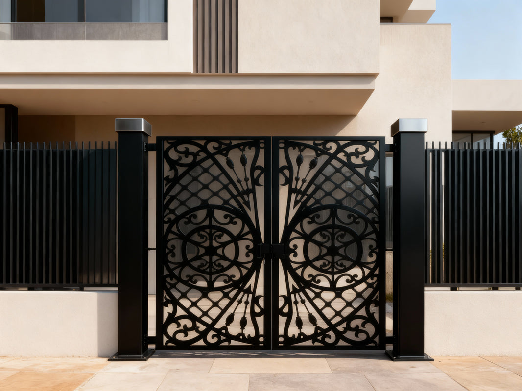 Spearveil Passage – Ornamental double-panel wrought iron man door with circular motifs, lattice scrollwork, and stylized spear accents Model # MG790