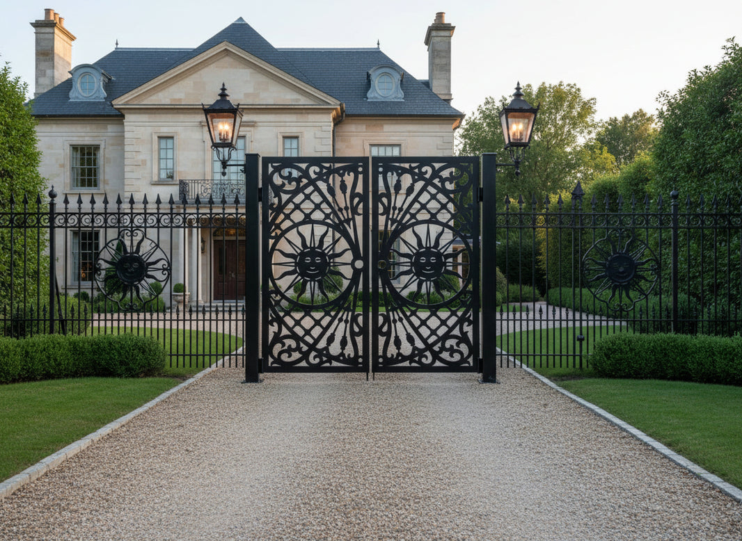 Solveil Passage – Ornamental wrought iron man door with radiant sun medallions and scrollwork lattice Model # MG791