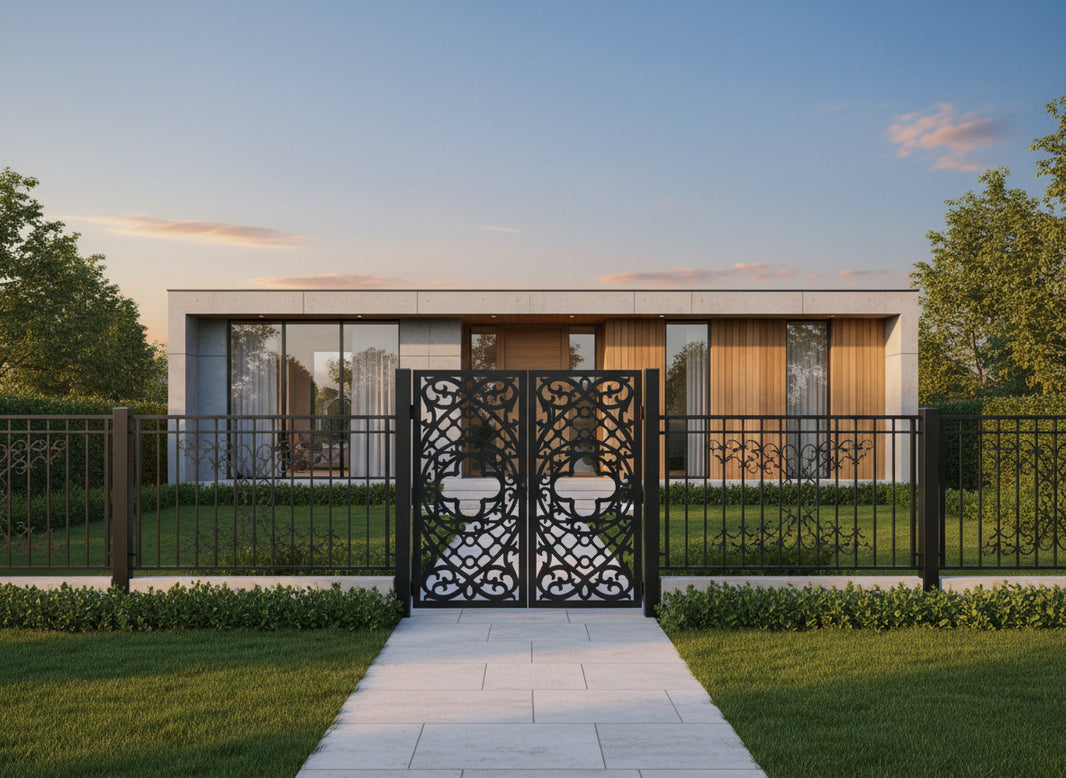 Quatrefoil Passage – Ornamental double-panel man door with central quatrefoil motif, scrollwork symmetry, and geometric accents Model # MG792