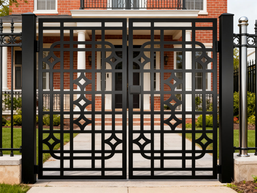 Triadgrid Passage – Geometric double-panel man door with diamond cut-outs, curved accents, and vertical framing Model # MG793