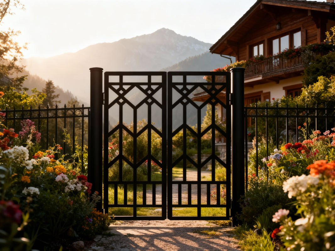 Diamonveil Passage – Geometric double-panel wrought iron man door with interlocking diamond crest and chevron lattice base Model # MG794