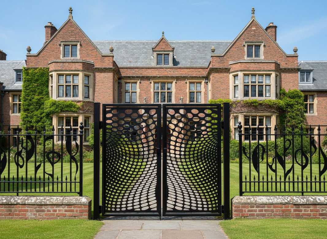 Vortexveil Passage – Ornamental metal man door with elliptical swirl lattice and optical illusion geometry Model # MG802