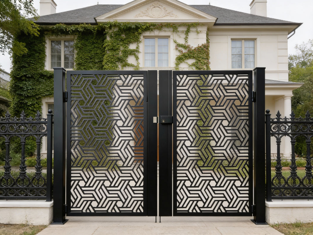 Tessellux Passage – Ornamental metal man door with interlocking angular lattice and mirrored optical geometry Model # MG810