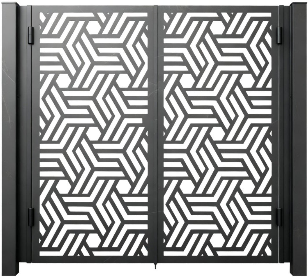 Hexagrid Passage – Modern double-panel man door with interlocking hexagon and parallelogram pattern in mirrored symmetry Model # MG811
