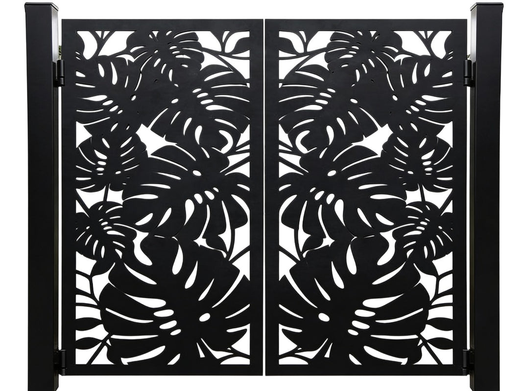 Monstera Passage – Decorative metal man door with tropical leaf cutouts and symmetrical twin-panel layout Model # MG819