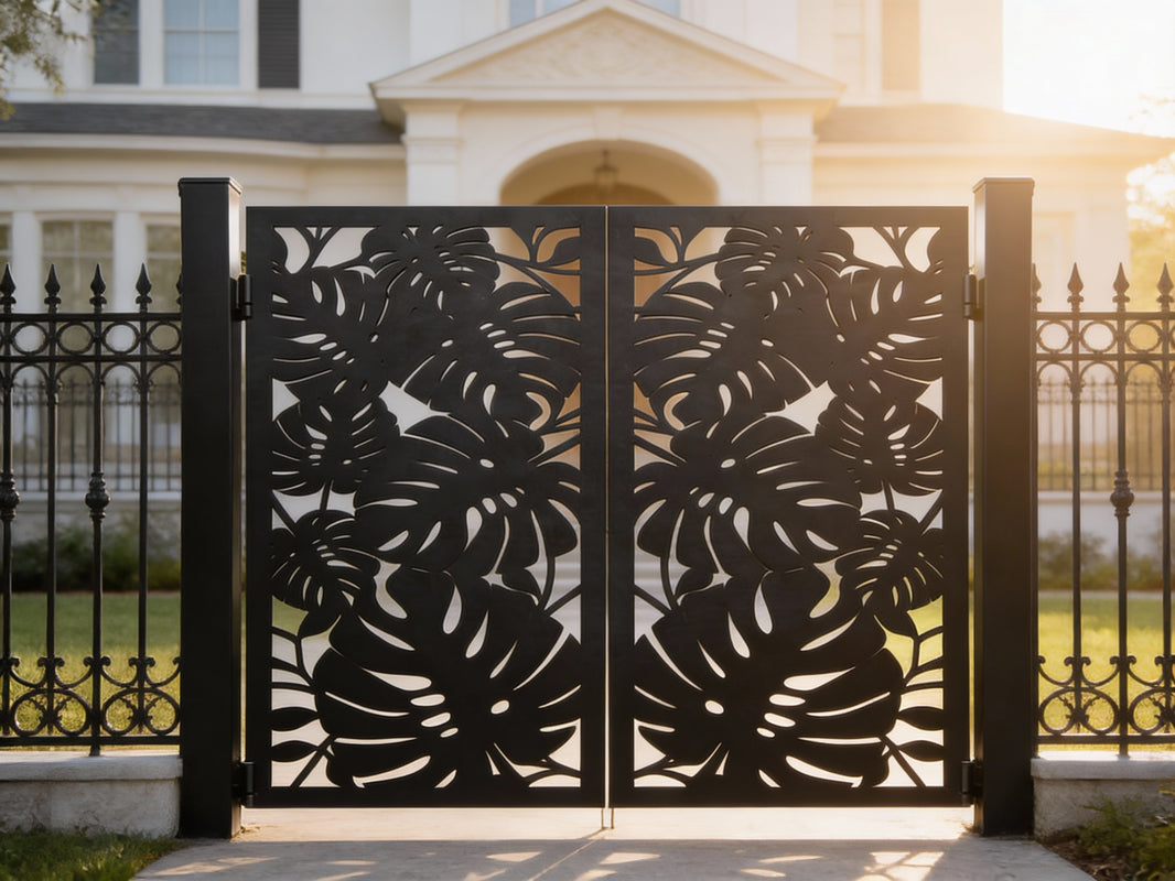 Monstera Passage – Decorative metal man door with tropical leaf cutouts and symmetrical twin-panel layout Model # MG819