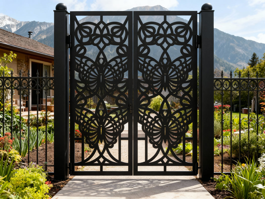 Buttercrest Passage – Stylized butterfly double-panel man door with ornamental scrollwork and floral geometry Model # MG823