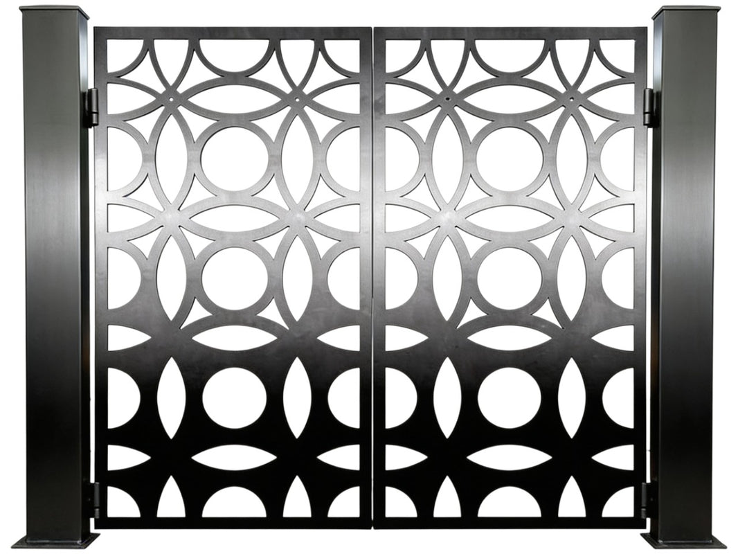 Ovalveil Passage – Ornamental metal man door with interlocking oval lattice and circular cutout geometry Model # MG824