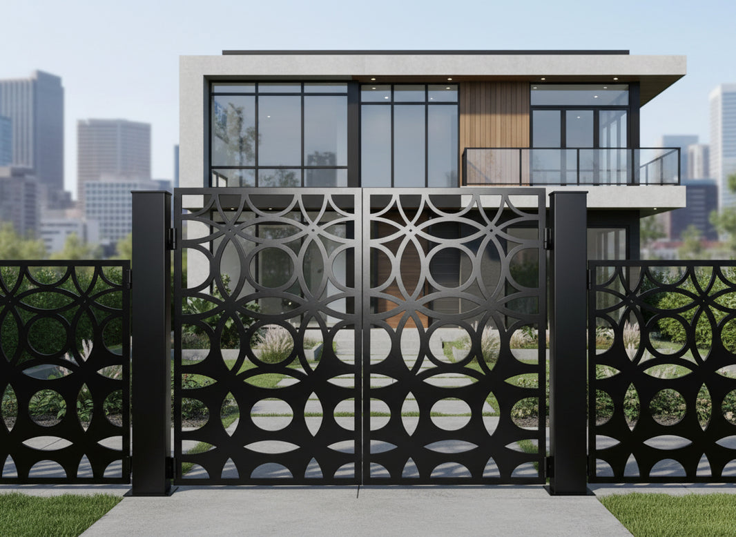 Ovalveil Passage – Ornamental metal man door with interlocking oval lattice and circular cutout geometry Model # MG824