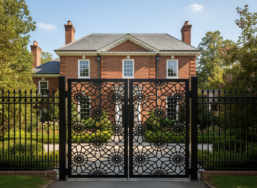 Starveil Passage – Ornamental metal man door with radial floral lattice and angular interconnects Model # MG830