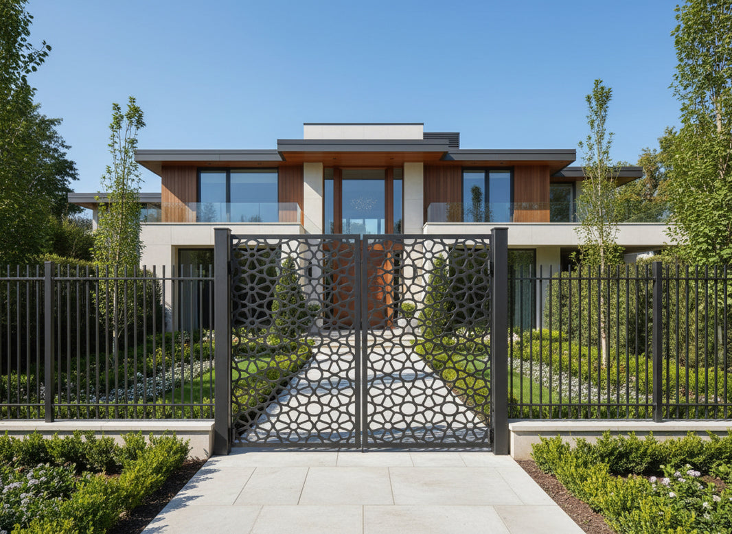 Petalveil Passage – Ornamental metal man door with symmetrical floral cutouts and circular bloom lattice Model # MG835