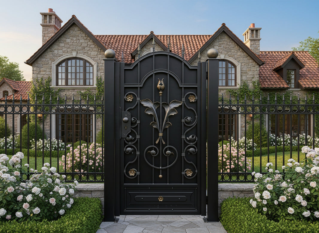 Floraglory Passage – Ornamental wrought iron man door with gold-accented floral medallions and scrollwork lattice Model MG839