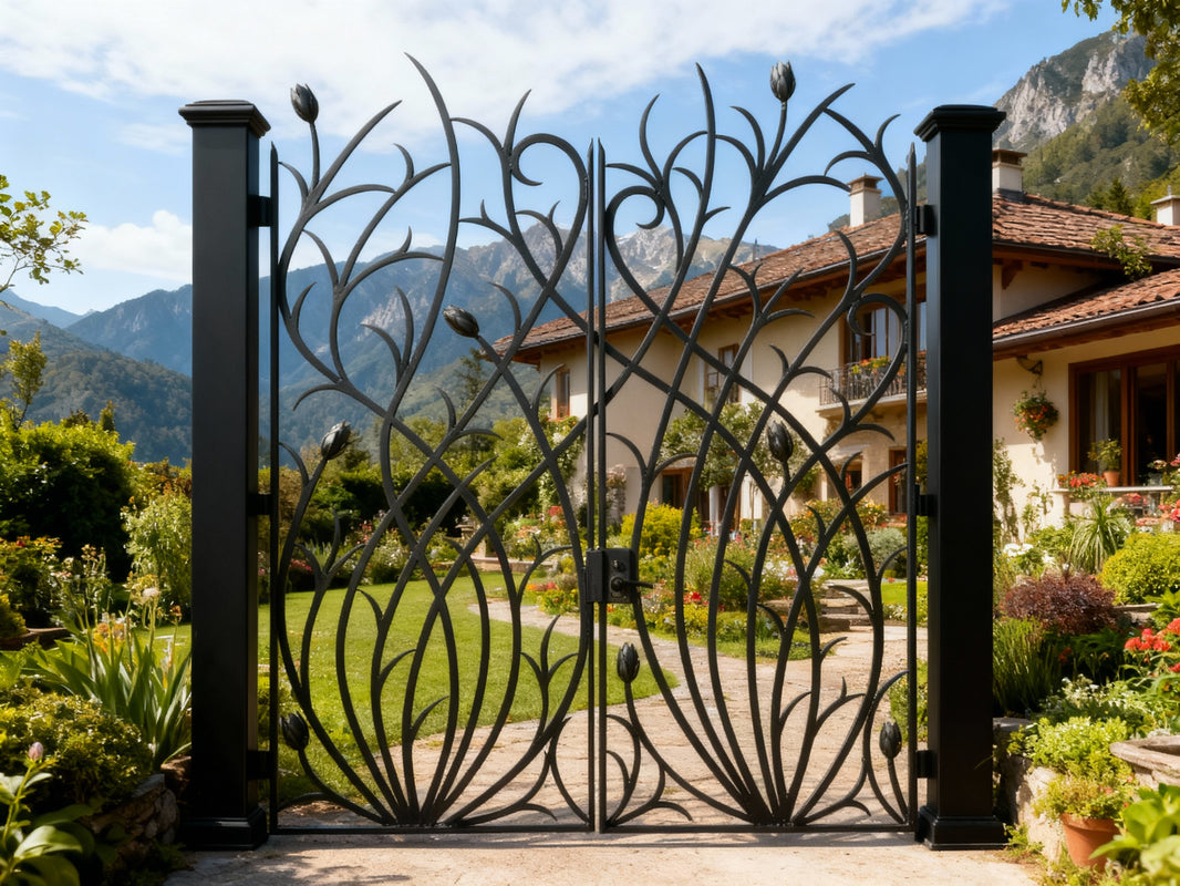Floravine Passage – Ornamental double-panel wrought iron man door with flowing stems, closed buds, and leaf scrollwork Model # MG841