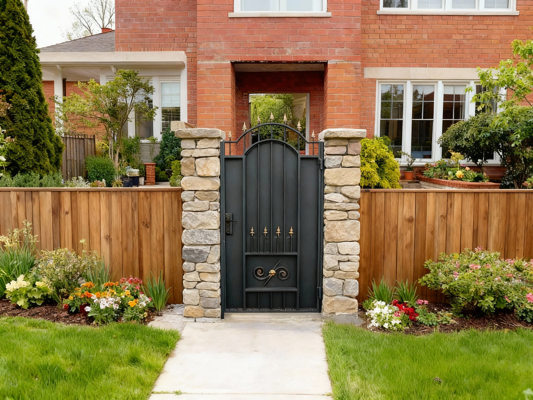 Spearcrest Passage – Wrought iron man door with gold spearhead finials and embossed scroll detailing Model # MG844