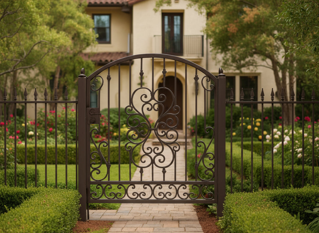 Mirrabelle Passage – Ornamental wrought iron man door with mirrored heart-scroll centerpiece, arched top, and bottom scroll lattice Model # MG867