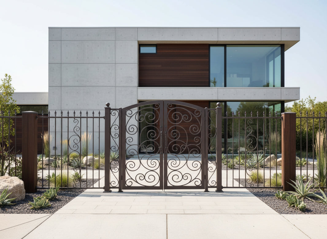 Twistspire Passage – Ornamental wrought iron man door with heart-scroll lattice, arched crown, and twisted central handles Model # MG868