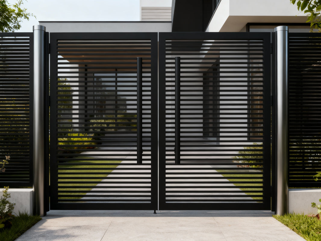 Slatline Passage – Contemporary double-leaf man door with horizontal bar symmetry and offset vertical handles Model # MG870